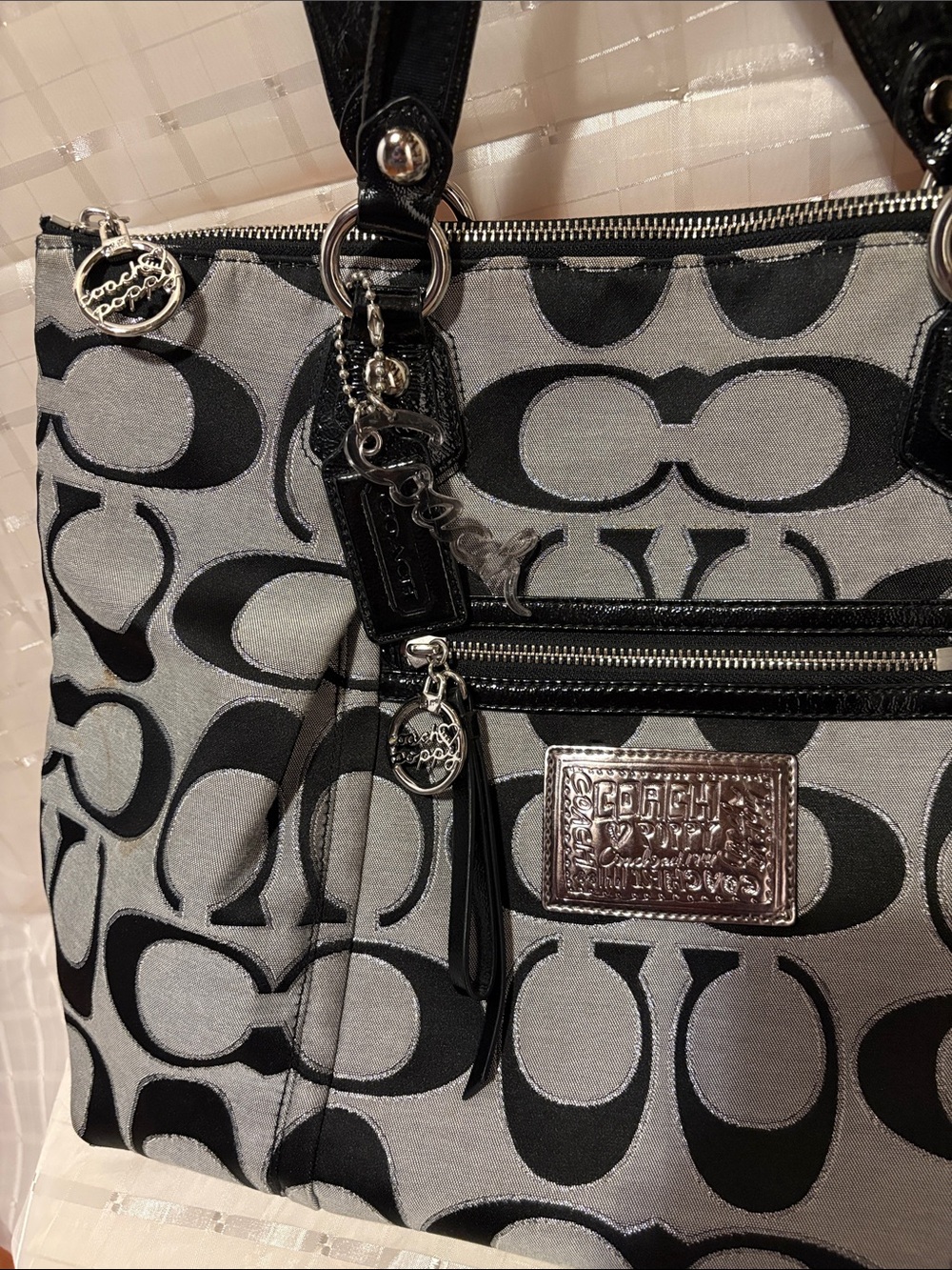 Coach Poppy Signature C Lurex Glam Tote Bag Black Grey Silver Y2K Large